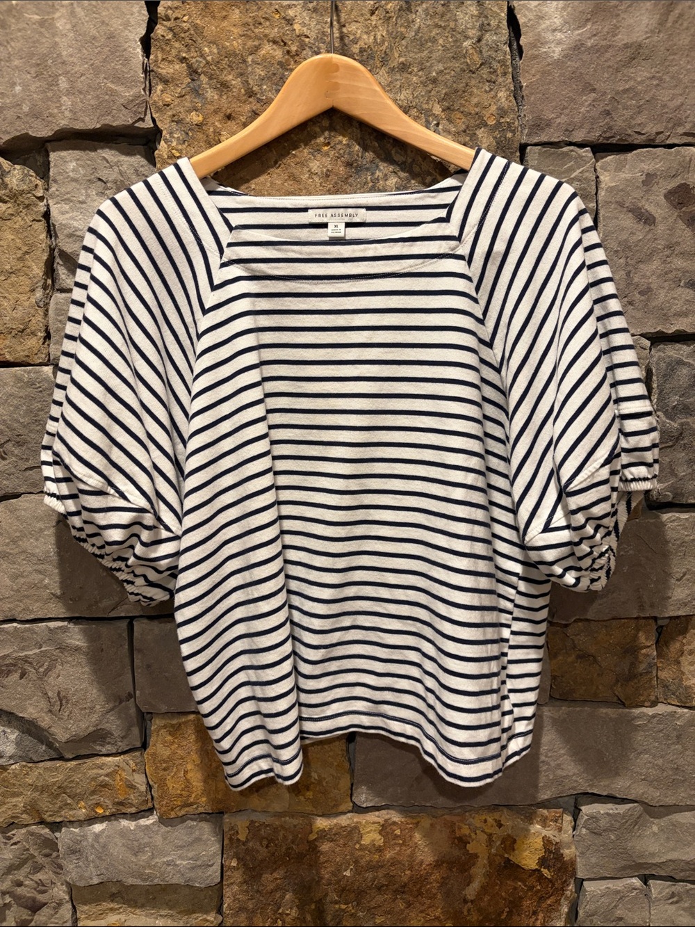 Striped Puff-Sleeve Square Neck Top - Navy & White by Free Assembly